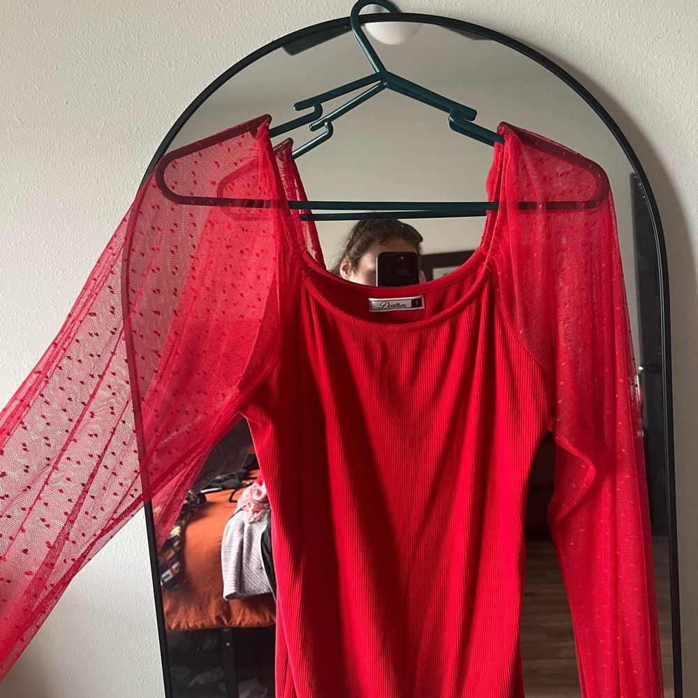 Red Sheer Sleeve Top